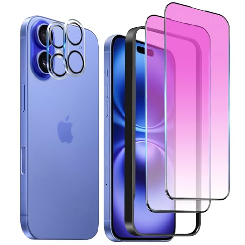 DZHFU 【4枚入り】iPhone 16 強化ガラスフィルム 6.1インチ ブルーライトカット 全面保護フィルム 目の疲れを軽減 硬度10Ｈ 滑らかなタッチ操作 指紋付着防止 気泡防止 ガイド枠付き 貼り付けは簡単 【アイフォン16 強化ガラスフィルム(2枚入り)＋レンズ保護フィルム (2枚入り)】の商品画像（Amazon）