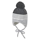 Strickmütze mit Mustermix, mit angestrickten Ohrenklappen, Bindebändern und Pompon, gefüttert mit Baumwollfleece (Bio)