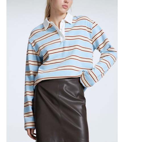 Women Striped Rugby Shirts Vintage Oversized Long Sleeve Collared Polo Shirt Y2k Button Up Pullover Sweatshirt Top3