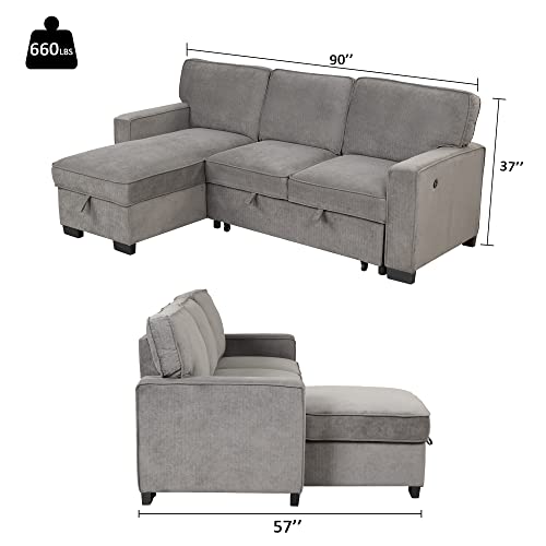 Ebello Convertible Sleeper Sofa 3 In 1, Chenille Modern L-Shaped Couches For Living Room, Pull Out Sectional Futon Sofa Bed With Storage Space, Usb Ports And Cup Holders For Bedroom, Grey #TOP1
