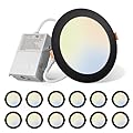 Amico 12 Pack 6 Inch 5CCT Ultra-Thin LED Recessed Ceiling Light with J-Box, 2700K/3000K/3500K/4000K/5000K Selectable, 12W Eqv 110W, Dimmable Canless Downlight, 1050LM High Brightness, Black - ETL