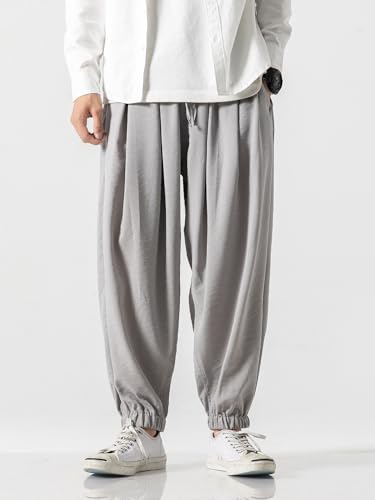 Men's Casual Linen Pants Elastic Waist with Belt Beach Summer Lightweight Linen Trousers2