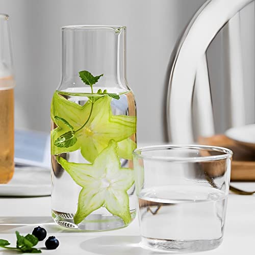 1Set Glass Bedside Water Carafe and Glass Set 550ml Juice Pitcher Heat Resistant Water Jugs with Lids Mouthwash Bottle for Nightstand Kitchen Bedroom & Bathroom (Transparent 1Set)