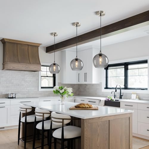 Image of Light Grey Glass Pendant Lights Kitchen Island Lighting Globe Pendant Light Fixtures Modern Pendant Lighting for Bedroom Living Dining Room Light Fixture (7.87 in, 1 Pack)