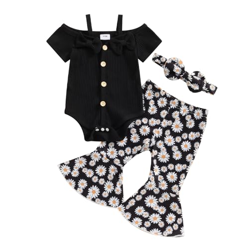 Image of Doisbetthsay Baby Girl Outfits Summer Short Sleeve Cold Shoulder Ribbed Romper Flare Pants Set Headband Newborn Clothes (A Black, 3-6 Months)