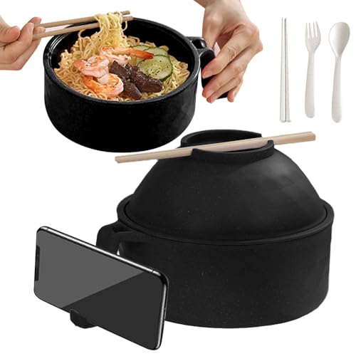 Image of JUDUNA Microwave Ramen Bowl with Lid, 2025 New Ramen Noodles Bowl Set with Chopsticks, Spoon and Fork, Ramen Bowl Microwavable Portable Ramen Cooker, Apartment Essentials (Black)