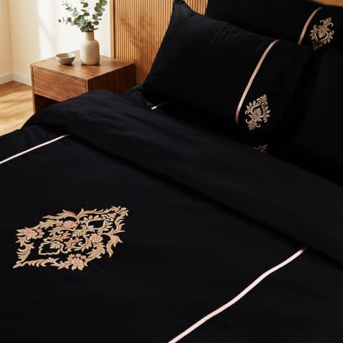 Image of Embroidered Premium Bedsheet Set | 300 TC 100% Cotton 1 Queen Bedsheet Set | Extra Smoothness with Sateen Weave| Damask Black Bedsheet Set (1 Flat Sheet + 2 Pillow Cases)