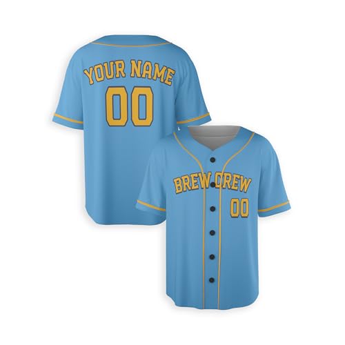 Camiseta personalizada de béisbol con impresión Brew Crew para hombre, mujer, juvenil, niños y bebés - Añade tu nombre y número - Opciones con y sin ribetes Celeste miniatura 1