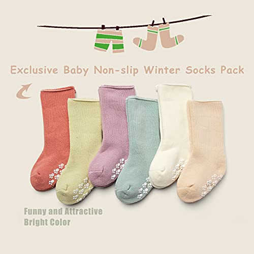 HowJoJo Baby Warm Socks With Grips For Baby Girls Non Slip Winter Socks Baby Girls Thick Crew Socks 6 Pack 6-12 Months2