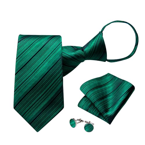 Image of DiBanGu Silk Zipper Ties for Men,Paisley Solid Plaid Pre-tied Tie and Pocket Square Cufflinks Set Formal Adjustable Necktie