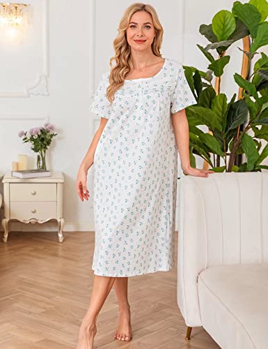 Image of Bloggerlove Nightgowns for Women 100% Soft Cotton House Dress | 100 Full Cotton, Button Neck, Knee Length, Lace Trim Floral, Breathable, Skin-frieend, Loose Fit, Comfy Sleepwear