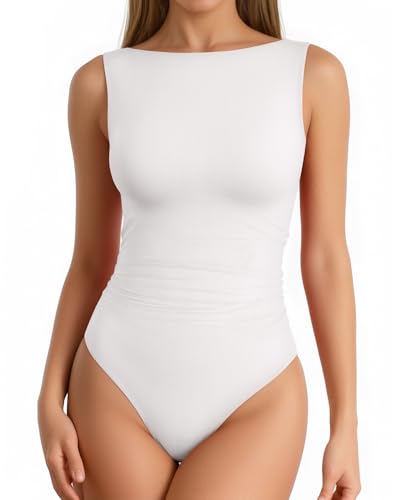 MANGOPOP Womens Tank Top Mesh Ruched Bodysuit Boat Neck Double Lined Sleeveless Thong Body Suit Going Out Summer Tops White Small