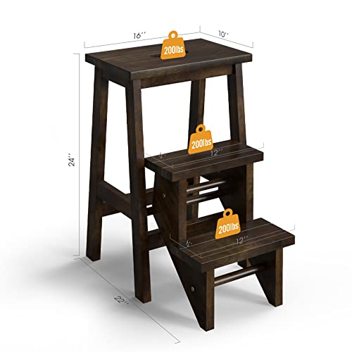 Giantex Folding 3 Tier Step Ladder, Multifunction 3-In-1 Wood Step Stool With Anti-Slip, Convenient Handle, Display Ladder And Storage Shelf For Library, Home Kitchen, Household Work, Garage (Brown) #TOP6