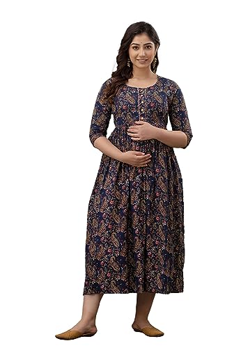 Image of THE Moon Star Women's Cotton Floral Printed Anarkali Maternity Feeding Kurti | Breastfeeding Dress for Mothers | Zipper Feeding Kurti, Nursing Kurti, Comfortable and Trendy Maternity Wear