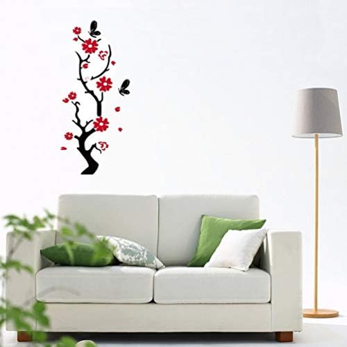 BESPORTBLE Acrylic Wall Stickers 3D Plum Blossom Wall Decals DIY Nordic Flower Background Mirror Wall Decor for Living Room Bedroom Wall Background (Black Red)