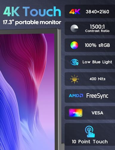 Image of ZSCMALLS 17.3'' 4K Touch Portable Monitor for Laptop, 3840Px2160P Touch Screen with HDR, 100% sRGB 1500:1, Ultra Slim & Eye Care,Travel Monitor External for Laptop, Mac, PC, PS5, Xbox