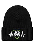 tshirtladen Beanie mit Traktor Herzschlag Stickerei schwarz aus Polyacryl-Strick doppellagig elastisch Unisex Mütze für Damen und Herren warmes Accessoire für Alltag und Arbeit