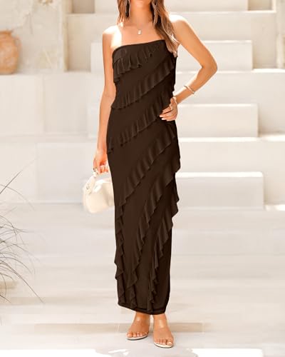 Image of BTFBM Women Summer Elegant Strapless Midi Ruched Bodycon Dress Solid Color Stretch Mesh Slim Party Cocktail Dresses