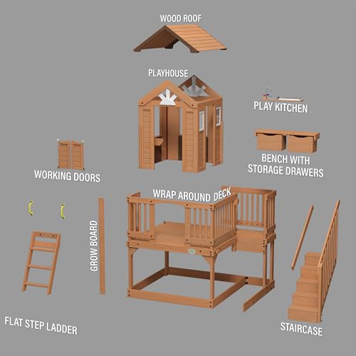 Backyard Discovery Scenic Heights Elevated Cedar Wooden Kids Playhouse with Play Kitchen, Wrap-Around Deck, Toy Storage Bench, Saloon-Style Doors, Ladder, Stairs, and Growth Chart for Outdoor Play - image 9