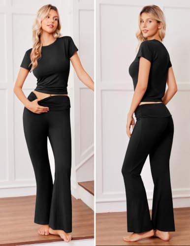 Ekouaer Women's Pajama/Lounge Set w/ Crop Top & Flare Pants (Black) - image 2
