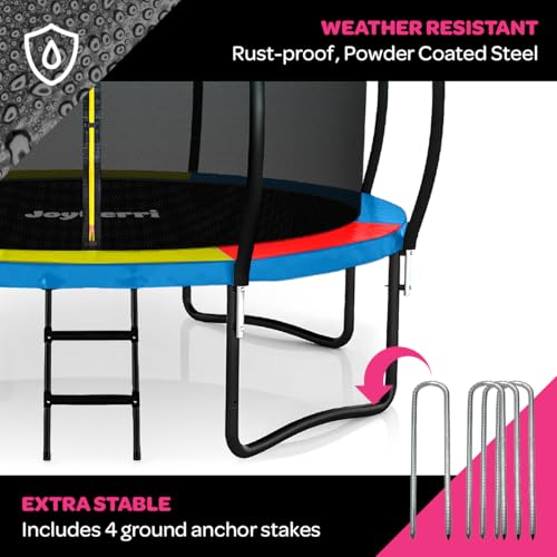 Image of JoyBerri Upsurge Trampoline Outdoor - ASTM Certified Safe 8Ft 10Ft 12Ft 14Ft 15Ft 16Ft Recreational Trampoline for Kids and Adults. Anti-Rust Coating with Enclosure Net, Ladder, Sprinkler & LED Lights