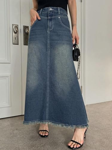 Image of GRECIILOOKS Women's High Waist White Denim Skirt with Front Slit - Long Maxi Jean Skirt Casual Fashion - Stylish Denim Skirts for Women