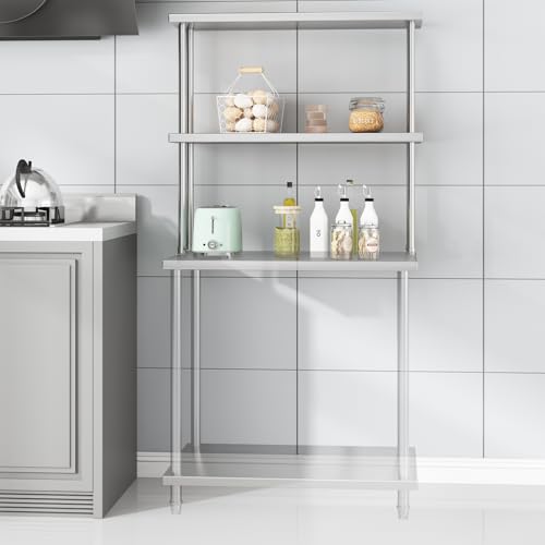 Garvee 12"x36" Stainless Steel Overshelf for Prep & Work Table, 360Lb Capacity Commercial 2 Tier Worktable Shelf, Adjustable Double Overshelf for Restaurant, Kitchen, Garage, Workshop