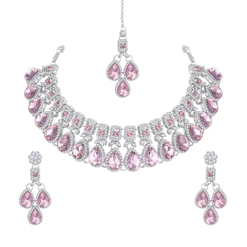 Parshwa Creation Indian Bollywood Silver Plated Jewelry Set, Wedding & Bridal Choker Necklace, Earrings & Tikka Fashion Jewelry For Women, Engagement & Party Wear Alloy, Resin Beads, Rhinestone Jewelry Set (Silver Pink)
