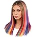 Jmzulnivst Rainbow Hair Extensions, 100PCS Colored Hair Streaks for Girls Women, 20 Inch Straight High Temperature Synthetic Hairpieces, Party Halloween Cosplay Highlights (Multicolor)