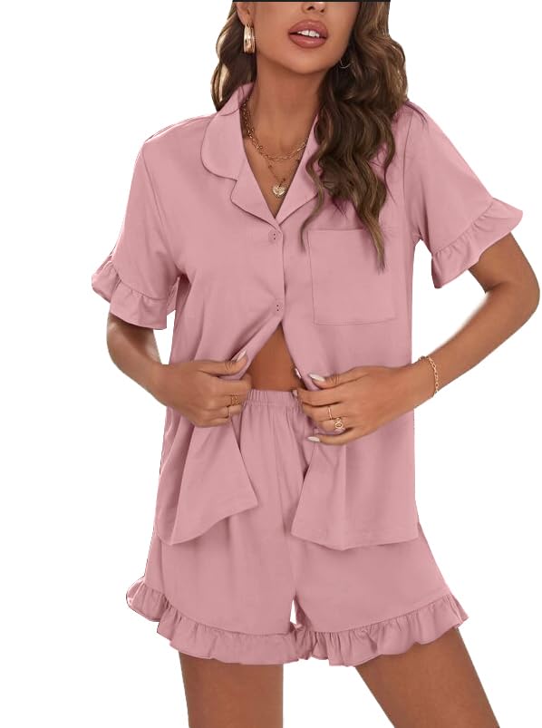 Image of SWOMOG Woman Pajama Set Short Sleeve Pjs Set 2Pcs Short Pajamas Button Down Ruffle Hem Sleepwear Soft Modal Loungewear