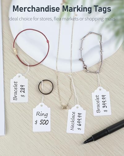 Image of DIY Crafts White Price Display Tags with String for Jewelry, Clothing Tie Label Paper Tag for Jewellery Retail Shops Watch Kitchen Clothes Content Label, Goods Price Tag (Pack of 100 Pcs)