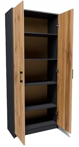 MATKAM Bücherregal R5, B/H/T 74x180x35cm mit 2 Türen, ideal für Büro, Diele Wohnzimmer, Jugend- oder Kinderzimmer, mit verstellbaren Regalböden und satinierte Griffe (Anthrazit Grau-Wotan Eiche)