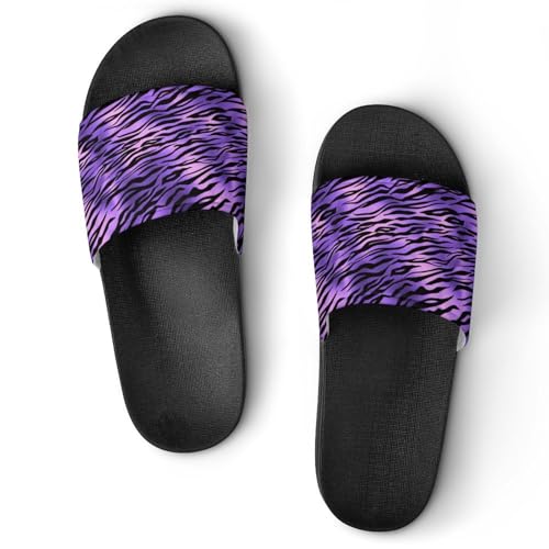 Purple Metallic Tiger Stripes Fur Slippers for Women Rubber Slides Womens Sandal Slippers