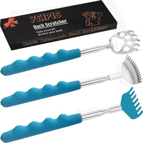 Yeipis 3 Pack Different Back Scratcher Metal Portable Telescoping Back scratchers, Extendable Back Massager Tool with Beautiful Box, Great Stocking Stuffers for Men Women Kids Adults（Blue）