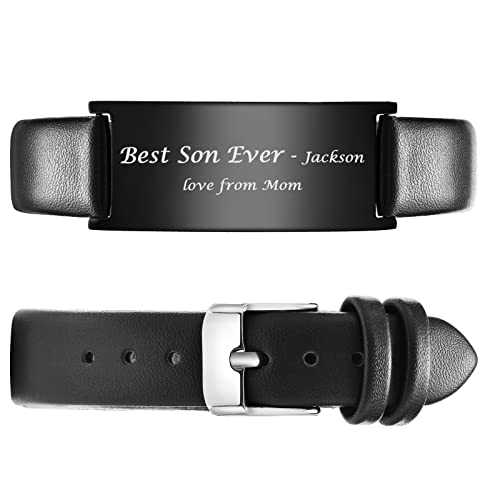 Personalized Bracelet Gift For Son : Engraved Name Leather Id Wristband Gift For Son From Mom And Dad,To My Son Gift For Christmas, Birthday, Valentine's Day, Anniversary, Graduation, Black #TOP26