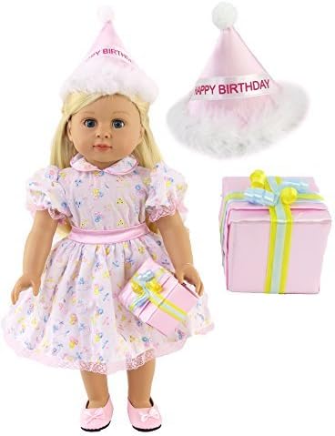 American Fashion World Birthday Girl Outfit for 18Inch Dolls | Party Hat, Dress, Present