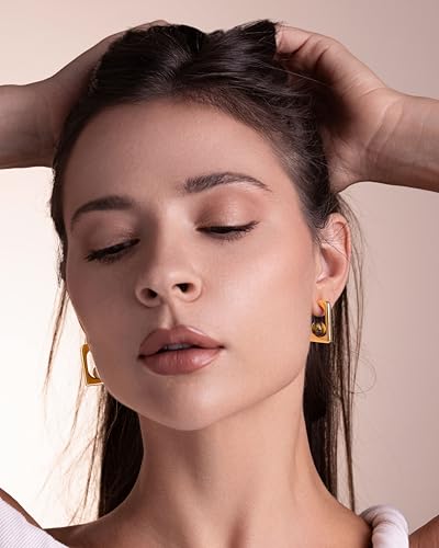 Thin Gold Open Square Hoops Statement Earrings with Brown Tiger Eye Stone for Women by SNGIA, Small Bold Handmade Exaggerated Irregular Trendy Jewelry Gifts, Simple Geometric Post Hoop Huggie Summer Beach Fashion Earrings Accessories, Dainty Vintage Nickle Free Dangle Earrings.2