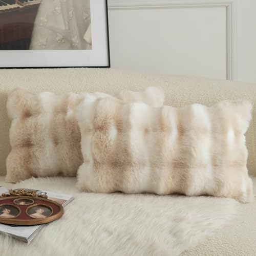 Image of MANDIOO Pack of 2 Thick Plush Wool Decorative Throw Pillow Covers Super Soft Wave Bubble Fur Velvet Cushion Covers Pillow Shams for Couch Bed Living Room 12x20 Inch White Beige