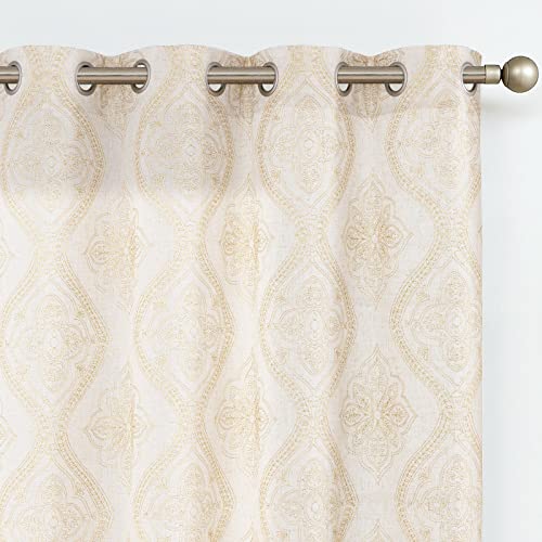 jinchan Boho Linen Curtains for Living Room Embroidered Design Window Curtains Light Filtering Flax Linen Blend Window Treatments Set for Bedroom Grom
