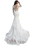 IUYRESX Kleid Hochzeitsgast Damen,Brautkleider Standesamt Meerjungfrau Spitze Langarm Hochzeitskleider Für Damen Mit Schleppe Weiß 38