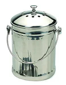 RSVP International Endurance (PAIL-SM) Stainless Steel Compost Pail with Charcoal Filters, 1/2 Gallon | Keep Food Scraps & Organic Waste for Soil | 2 Charcoal Filters for Odor Control | Dishwasher Safe