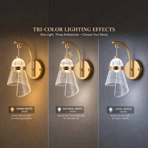 Image of Glowave Modern LED Wall Sconce with Acrylic Lampshade, Gold Finish Metal Body, Decorative Indoor Wall Light for Bedroom, Living Room, Hallway & Hotel - Tricolour (7161 /WL)