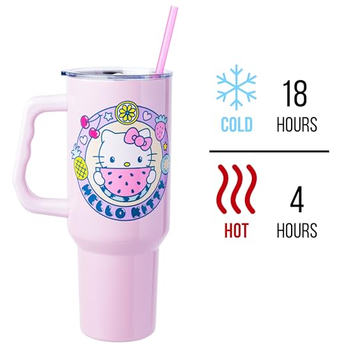 Image of Silver Buffalo Sanrio Hello Kitty Summer Kawaii Fruits Double Walled Stainless Steel Tumbler with Handle, Fits in Standard Cup Holder, 40 Ounces