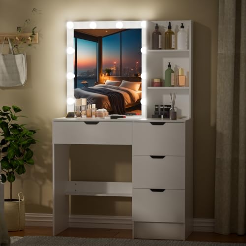 Puselo Dressing Table with Mirror and Lights,White Vanity Desk with Mirror and 4 Drawers, 10 LED Lights,3 Light Colours Adjustable Brightness,Modern Vanity for Women Girl Bedroom - Cosy Home Interiors Puselo Dressing Table with Mirror and Lights,White Vanity Desk with Mirror and 4 Drawers, 10 LED Lights,3 Light Colours Adjustable Brightness,Modern Vanity for Women Girl Bedroom - Image 9