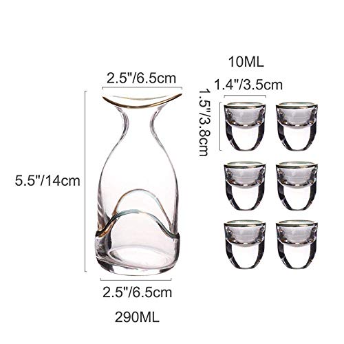 7 Piece Glass Sake Set, Japanese Style Wine Glasses Set, Golden Edge Crafts Cups, Include 1 Bottle and 6 Cups, for Cold/Warm/Hot Sake/Shochu/Tea-Dinnerware Sets