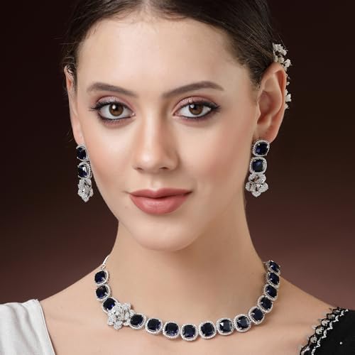 Image of ZENEME Jewellery Set Classic Style Rhodium Plated AD /American Diamond Studded Silver Plated Bejeweled Rose Necklace Jewellery Set for Women & Girls