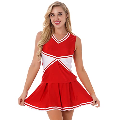 inhzoy Femme Costume de High School Musical Déguisement Fête Carnaval Halloween Uniforme de Pom-Pom Girl Crop Top sans Manches Col V Jupe Courte Plissée Clubwear S-XL Rouge S Cover