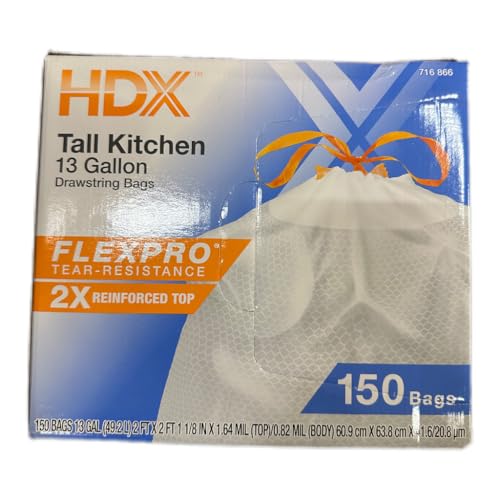 HDX Tall Kitchen 13 Gallon Drawstring Bags FlexPro Tear-Resistance 2X Reinforced Top 150 Bags