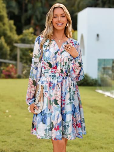 Image of Simplee Womens Spring Floral Mini Dress Long Sleeve Boho Chiffon Short Dress Casual Flowy Fall Wedding Guest Dresses