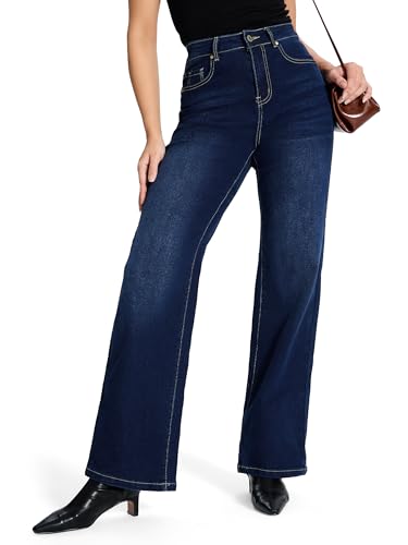 Sevego Extra Lang Damen Jeans 81/86/91 cm High Waist Straight Jeans Stretch Baggy Jeans Weites Bein Casual Loose Denim Hose, 34', Dunkelblau, XL